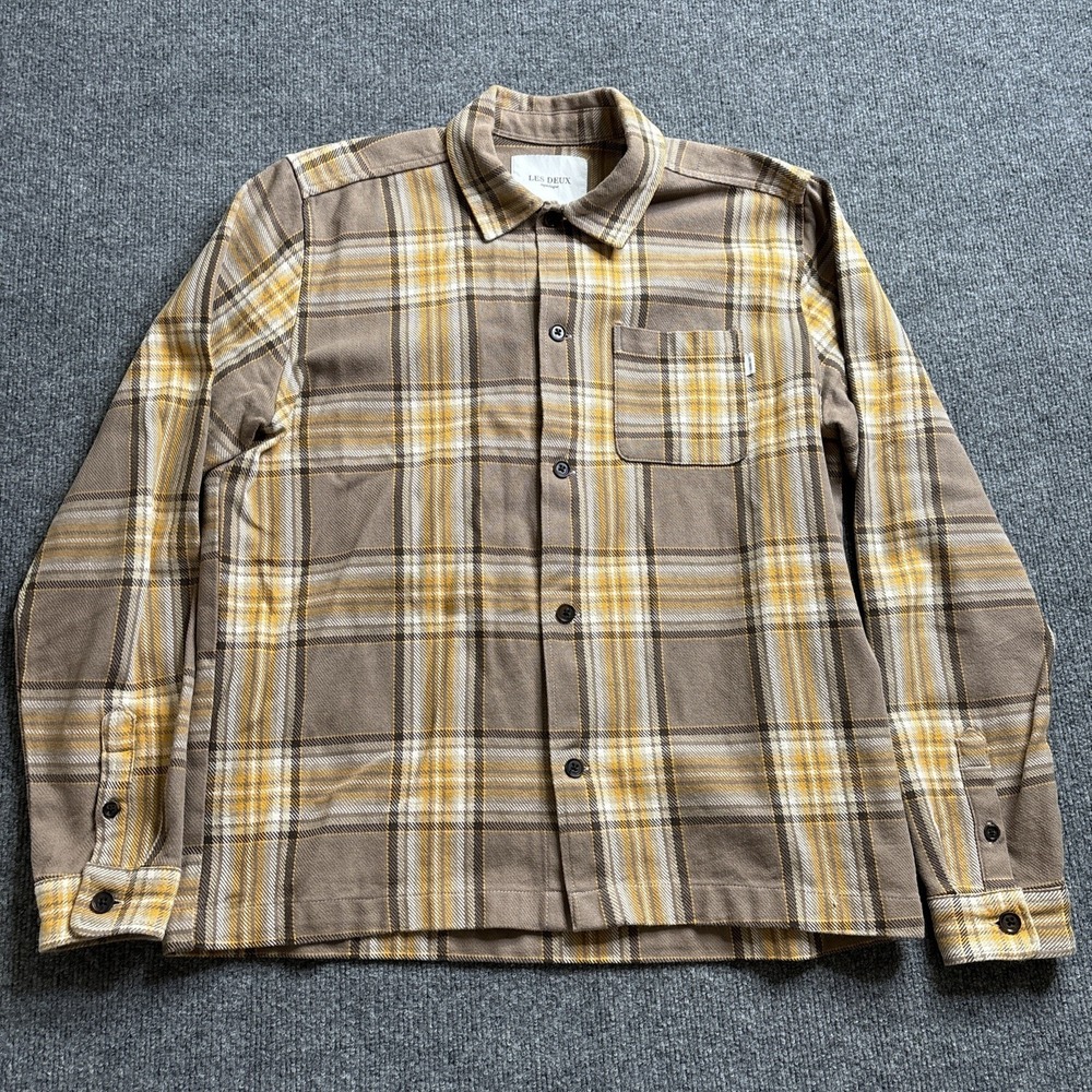 Les Deux Keanu Oxford Button-up Plaid Twill Flannel Shirt Men's Medium‎ Brown
